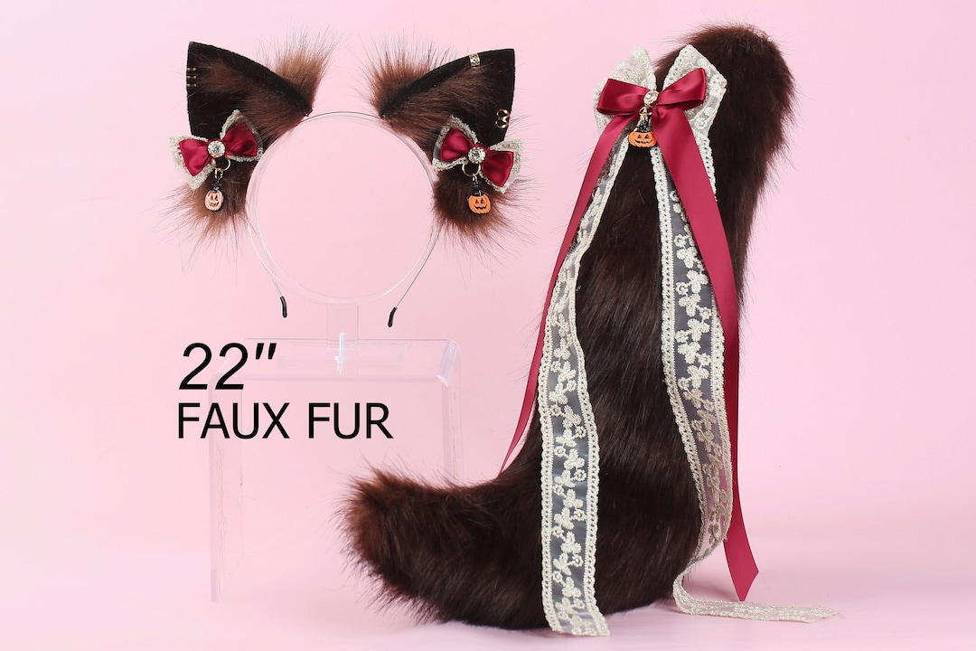 Coffee Faux Fur Red Fox Tail Plug and Ear Wolf Tail Buttplug and Ear