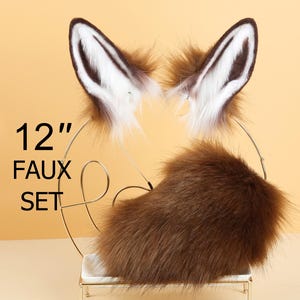 May include: A set of 12 inch faux fur tail and ears. The tail is brown and the ears are white with brown tips. The ears are attached to a headband.
