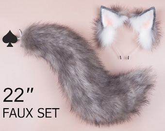 Gray white faux fur fox tail plug and ear wolf tail buttplug and ear kitten ear and tail plug set curved tail and ear set cosplay -mature