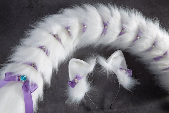 white pink fox tail plug and ears set detach curly tail butt plug kitten  wolf tail buttplug cat petplay bdsm cosplay anime sextoy