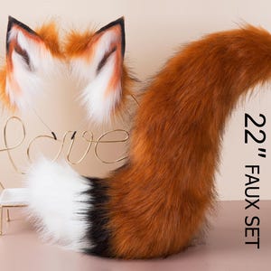 Brown white faux fur fox tail and ear wolf tail and ear kitten ear and tail set curved cat tail and ear anime cosplay fox ear headband