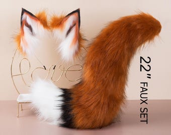 Brown white faux fur fox tail and ear wolf tail and ear kitten ear and tail set curved cat tail and ear anime cosplay fox ear headband