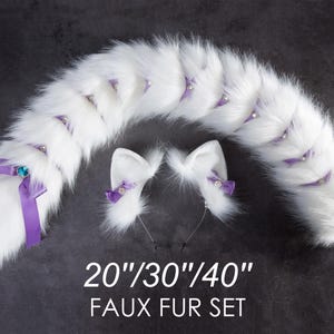White fox tail and ear set faux fur fox ear and tail cosplay wolf tail and wolf ear petplay cat tail and ears kitten ears tail halloween