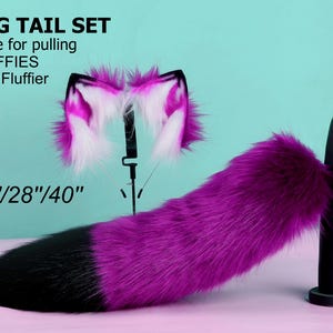 purple fluffy fox tail and ear set fox ear and tail cosplay fluffy wolf tail and wolf ear petplay cat tail and ears kitten ears kitten tail