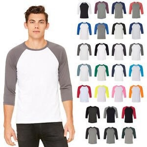 May include: A selection of 3/4 sleeve baseball t-shirts in various colour combinations. The shirts feature a contrasting colour on the sleeves and a white collar.