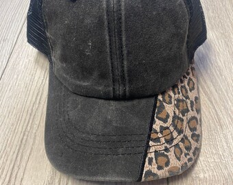 Side Leopard Comfy Ponytail Hat for Ladies