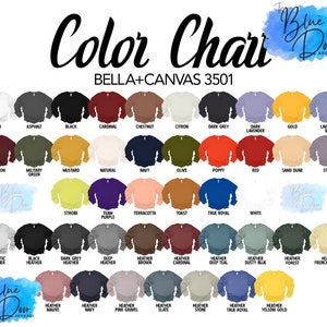 May include: A colour chart for Bella+Canvas 3501 apparel, displaying various sweatshirt colours. Includes shades such as Ash, Black, Cardinal, and Mustard. The Blue Door Apparel logo is visible.