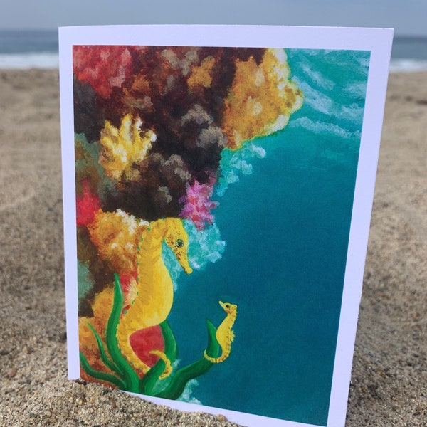 Parent and Baby Seahorse Blank Greeting Card 4.25x5.5, Father's Day, Mother's Day, Birthday, Baby Shower, Summer Card