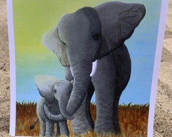 Baby Elephant With Parent Blank Greeting Card 5.25x5.25, Mother's Day, Father's Day, Birthday, Valentine's Day