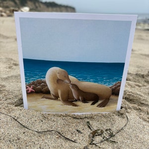 Día de la Madre/Día del Padre/Cumpleaños/Todas las ocasiones León marino Madre y bebé Tarjeta de felicitación de 5,5" x 5,5" en blanco en el interior