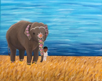 Boy with Elephant Painting 12" by 12" "Steadfast"