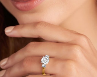14K Yellow Gold Three Stone Lab Grown Diamond Ring – Emerald Cut