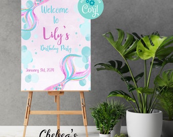 Mermaid Birthday Welcome Sign, Editable Mermaid Welcome Sign, Pink Mermaid Birthday, Pink Mermaid Party, Digital Mermaid Party Welcome Sign