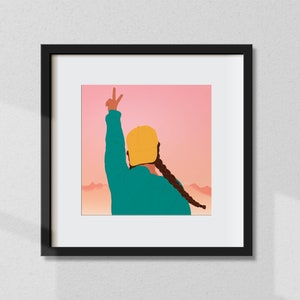 Hiker Girl Drawing Mountain Square Illustration Graphic Wall Art
