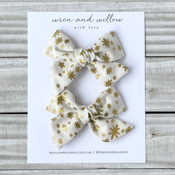 Starry Gold Piggy Bows - Christmas Hair Bows - Ivory Holiday Pigtail Bows  - Girls Pinwheel Bows - Girls Hair Clip - Baby, Toddler, Girls