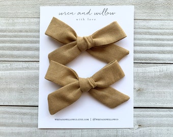 Tan Linen Piggy Bows - Linen Pigtail Bows - Brown Piggy Bows  - Girls Schoolgirl Bows - Girls Hair Clip - Baby, Toddler, Girls