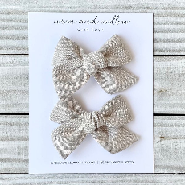 Oatmeal Linen Piggy Bows - Neutral Hair Bows - Beige Linen Pigtail Bows  - Girls Schoolgirl Bows - Girls Hair Clip - Baby, Toddler, Girls