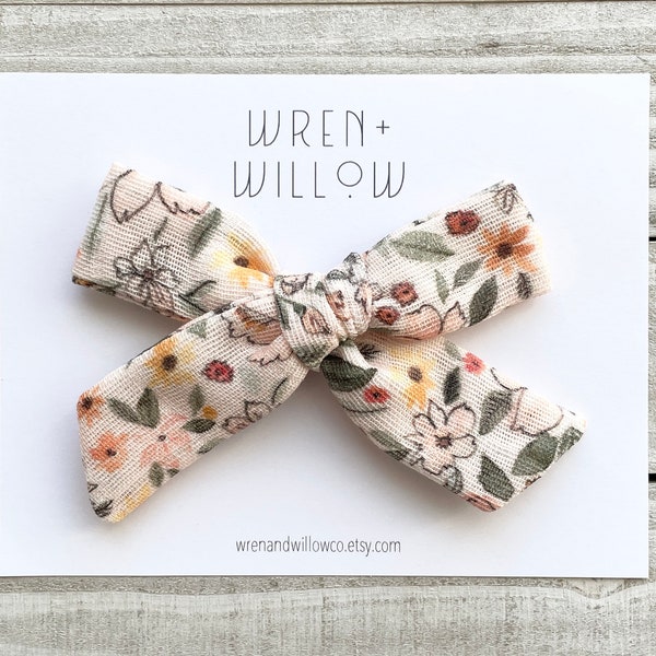 Watercolor Floral Schoolgirl Bow - Organic Cotton Gauze Hair Bow - Baby Headband - Girls Hair Clip - Newborn, Baby, Toddler, Girls