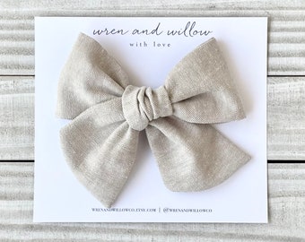 Oatmeal Linen Pinwheel Bow - Beige Linen Hair Bow - Neutral Hair Bow - Baby Headband - Girls Hair Clip - Newborn, Baby, Toddler, Girls