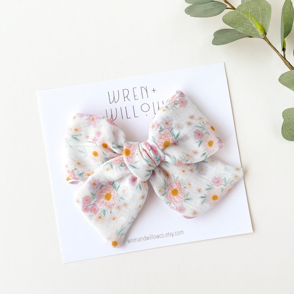 Summer Bloom Pinwheel Bow - Organic Gauze Hair Bow -  Pink Floral Girls Summer Bow - Headband Hair Clip - Newborn, Baby, Toddler, Girls