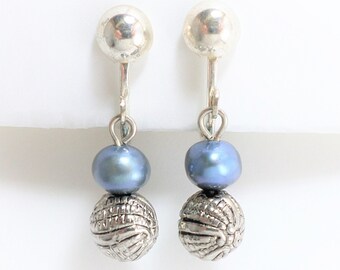 Silver Freshwater Blue Pearl Drop Clip Earrings, Vintage Pearl Clip-on Dangle Earrings, Non-pierced Silver Earrings