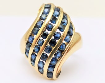 14K Sapphire Cluster Ring, Vintage 14KT Yellow Gold Blue Sapphire Multi-Stone Channel Swirl Ring, Size 6 1/4