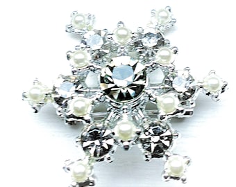 Crystal Snowflake Brooch Pin, Vintage Silver Rhinestone and Pearl Snowflake Crystal Star Pin