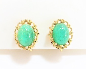 Green Aventurine Clip Earrings, Vintage 10K Gold Filled Light Sparkling Green Oval Clip-On Earrings, Small, Dainty, Victorian Style