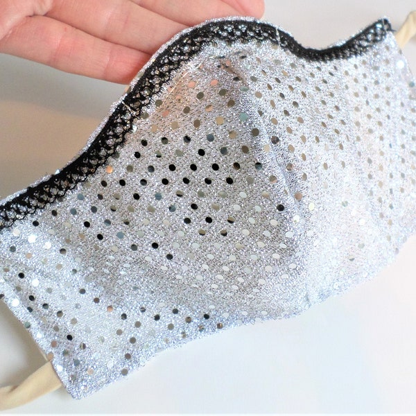 Silver Glitter Lace Face Mask, Fancy Bling Mask, Washable Sequin Fabric, Invisible Ear Loops, Filter Pocket