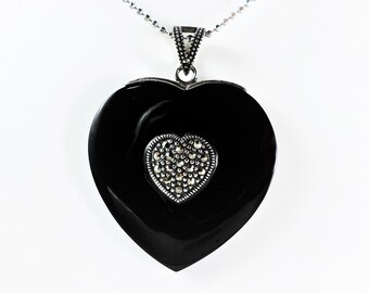 Black Onyx & Marcasite Heart Necklace, Vintage 925 Italian Sterling Silver Heart-Shaped Necklace, Large Resin Heart Pendant on Silver Chain