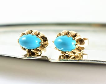 Victorian 14K Turquoise Earrings, Small Antique Style Blue Oval Turquoise Stud Pierced Earrings