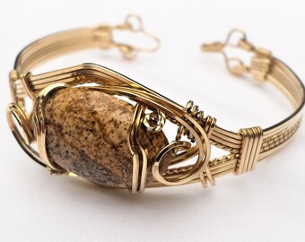Handcrafted Jasper Brass Cuff Bracelet, Vintage Light Brown Jasper Stone Wire Bracelet, 6 3/4"