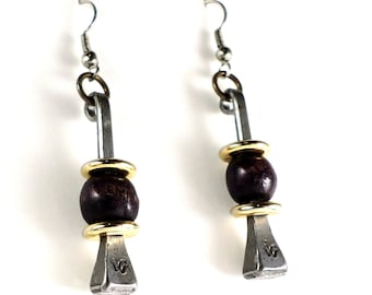 Horseshoe Nail Dangle Earrings, Deep Purple Vintage Beaded Equestrian Earrings, Signed