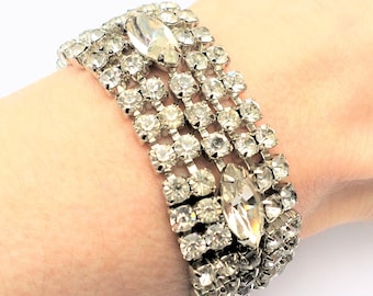 Vintage Rhinestone Clear Crystal Bracelet, Chunky Wide Silver-Tone Mid-Century Bling Statement Jewelry