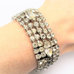 Vintage Rhinestone Clear Crystal Bracelet, Chunky Wide Silver-Tone Mid-Century Bling Statement Jewelry