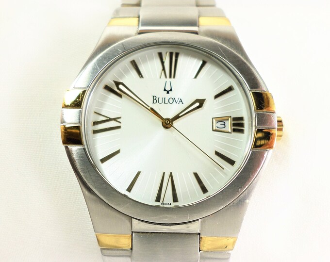 Bulova Men's Date Watch, Vintage Two Tone Roman Numeral Analog Watch