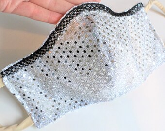 Silver Glitter Lace Face Mask, Fancy Bling Mask, Washable Sequin Fabric, Invisible Ear Loops, Filter Pocket