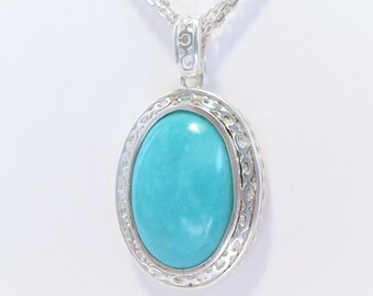 Sterling Silver Amazonite Necklace, Vintage 925 Oval Amazonite Pendant on Triple Strand Sterling Silver Chain