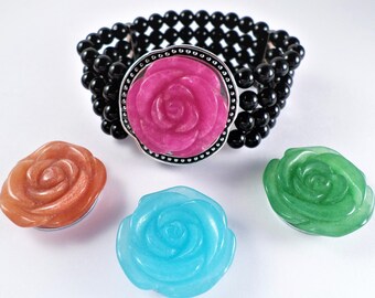 Black Onyx Aventurine Rose Bracelet, Vintage Sterling Silver Interchangeable 4-In-1 Carved Rose Stretch Bracelet