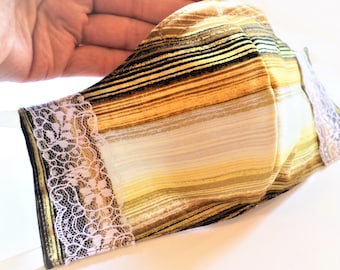 Fancy Lace Embellished Face Mask, Stylish Gold, Creme, Brown Mask with Adjustable Ribbon Ties & Filter Pocket, Washable Cotton Fabric