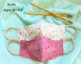 Kids Flowers and Butterflies Face Mask, Child Size Pink Silver & Gold Adjustable Cotton Mask, Washable, Reusable, Handmade in USA