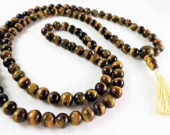 Mala Tigers Eye Bead Necklace, Vintage Handmade Tiger Eye Chakra Protection Necklace with 108 Prayer Beads, 28" Long