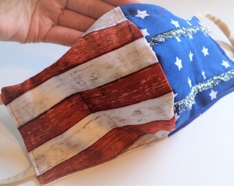 Fancy USA Flag Patriotic Face Mask, Fringed Stars and Stripes Mask with Nose Wire, Filter Pocket, Red White & Blue