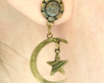 Crescent Moon and Star Celestial Floral Earrings, Vintage Bronze Handcrafted Pierced Earrings