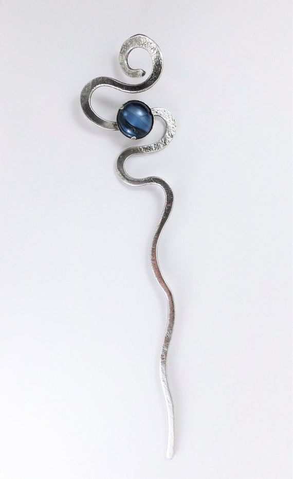 Silver Artisan Blue Tigers Eye Cabochon Hair Stick