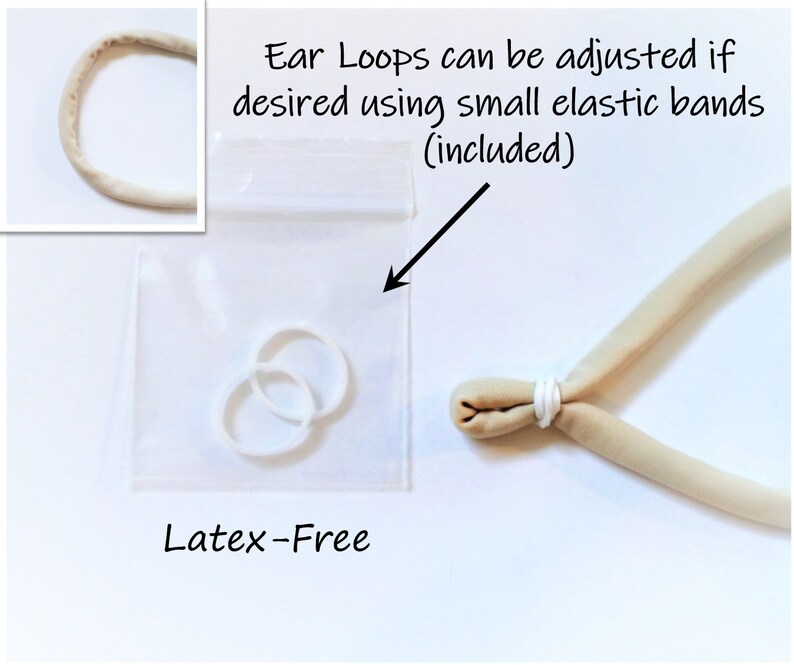 K&ouml;nnte beinhalten: Zwei wei&szlig;e latexfreie Gummib&auml;nder in einem durchsichtigen Plastikbeutel. Die B&auml;nder k&ouml;nnen verwendet werden, um die Ohrschlaufen einer Gesichtsmaske anzupassen. Der Text "Ear Loops can be adjusted if desired using small elastic bands (included)" steht &uuml;ber dem Beutel.