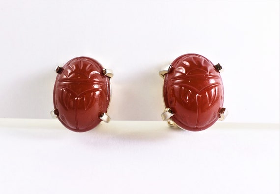 Carnelian Scarab 12K GF Clip Earrings, Vintage Gol