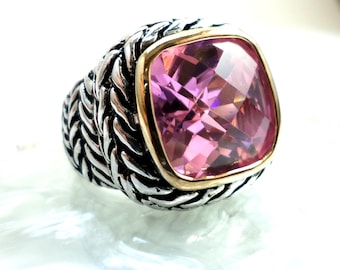 Large Pink Tourmaline Medieval Statement Ring, Vintage Renaissance Style, 18K Gold Plated, Size 5