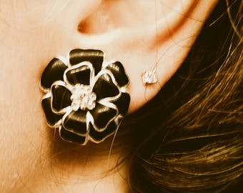 Black Rhinestone Flower Clip-on Earrings, Sophisticated Vintage Floral Costume Jewelry
