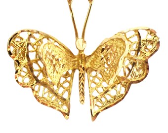 10K Gold 3D Butterfly Pendant, Vintage Solid Yellow Gold Ornate Butterfly Necklace Charm